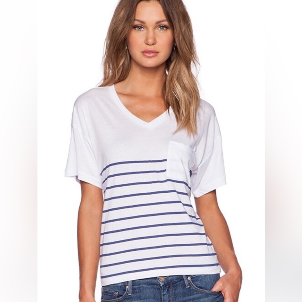 Zoe Karssen White Navy Navy Striped Pocket V-Neck T-Shirt, Small